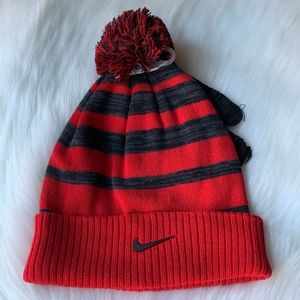 Nike Red & Grey Knit Cuff Pom Beanie & Gloves